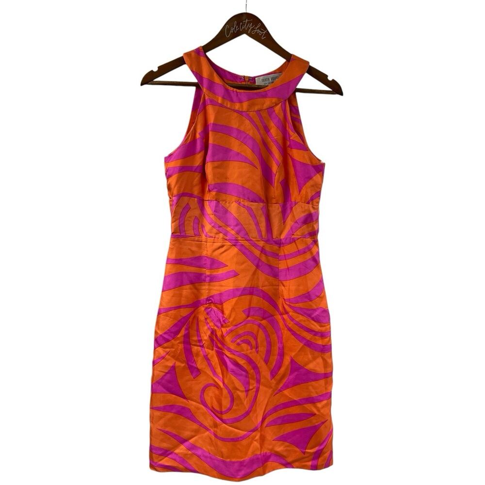 Skirtin Around Silk Dress Neon Pink Orange 2 Mod Groovy Swirly New Canaan CT